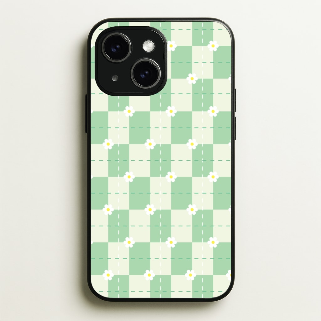 Green Plaid Daisies Phone Case - iPhone 15 / Standard