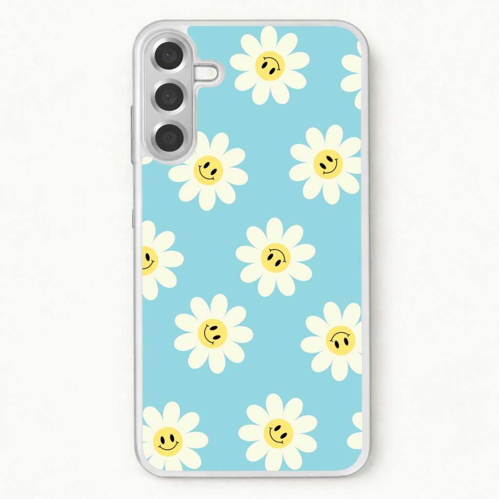 Pastel Blue Smiley Daisies Pattern Phone Case