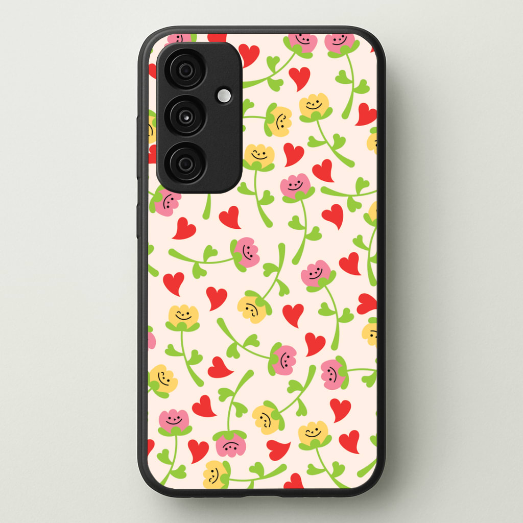 Smiley Tulips And Hearts Pattern Phone Case - Galaxy A35 / Standard