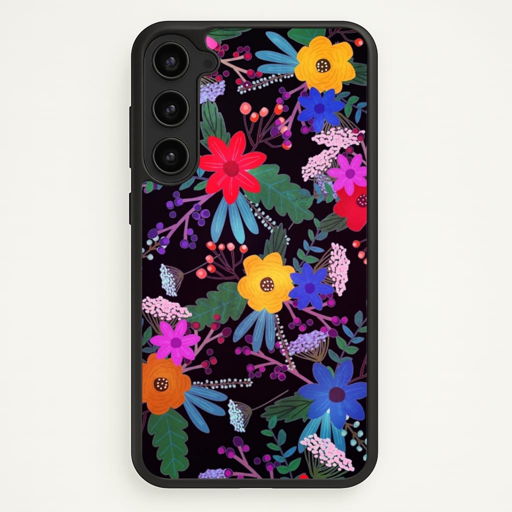 Black & Colourful Floral Pattern Phone Case - Galaxy S23 Plus / Standard