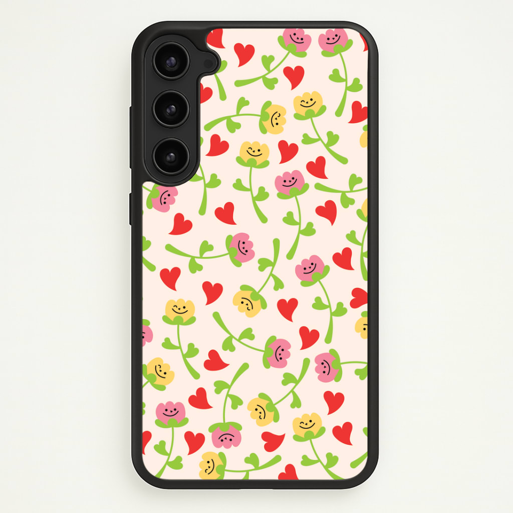 Smiley Tulips And Hearts Pattern Phone Case - Galaxy S23 Plus / Standard