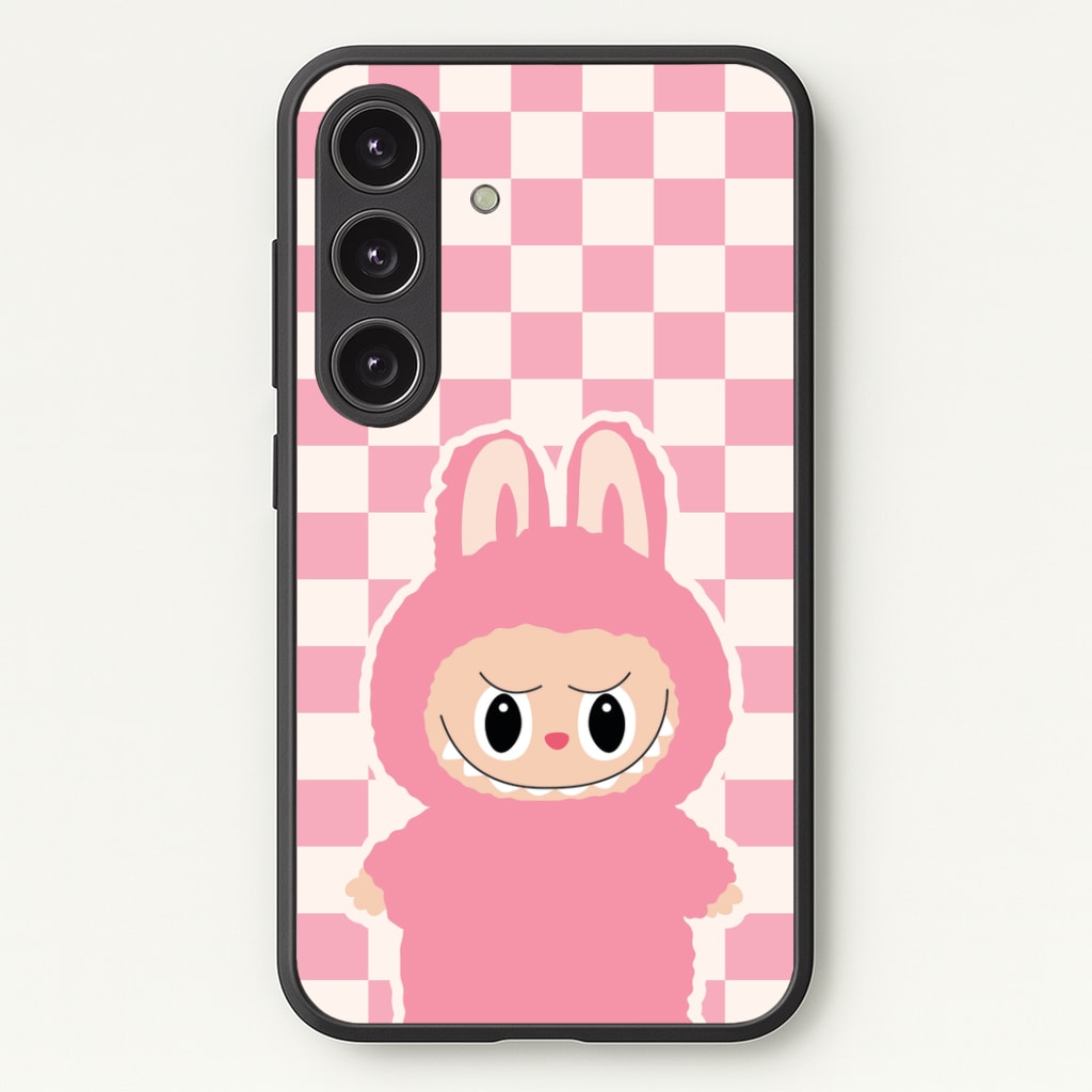 Checkered Cute Pink Monster Phone Case - Galaxy S25 / Standard