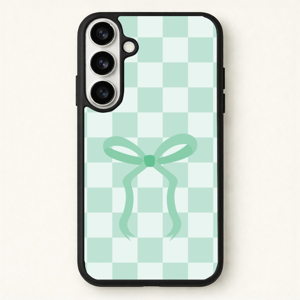 Checkered Coquette Bow Cyan Phone Case - Galaxy S26 / Standard