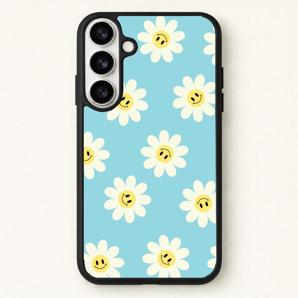 Pastel Blue Smiley Daisies Pattern Phone Case - Galaxy S26 / Standard