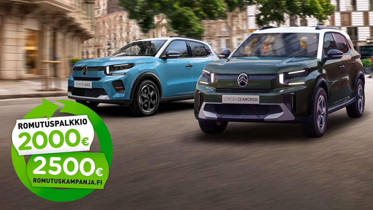 Citroën ë-C3 ja C3 Aircross ajossa. Romutuspalkkio-logo.