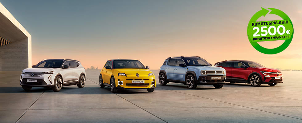Renault electric -mallisto ja Romutuspalkkio 2500 € logo