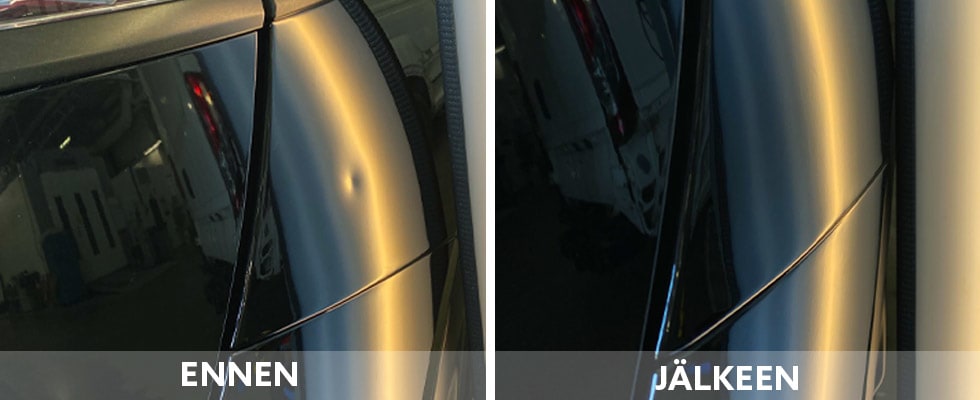 Kuva autosta ennen ja jälkeen PDR-korjauksen