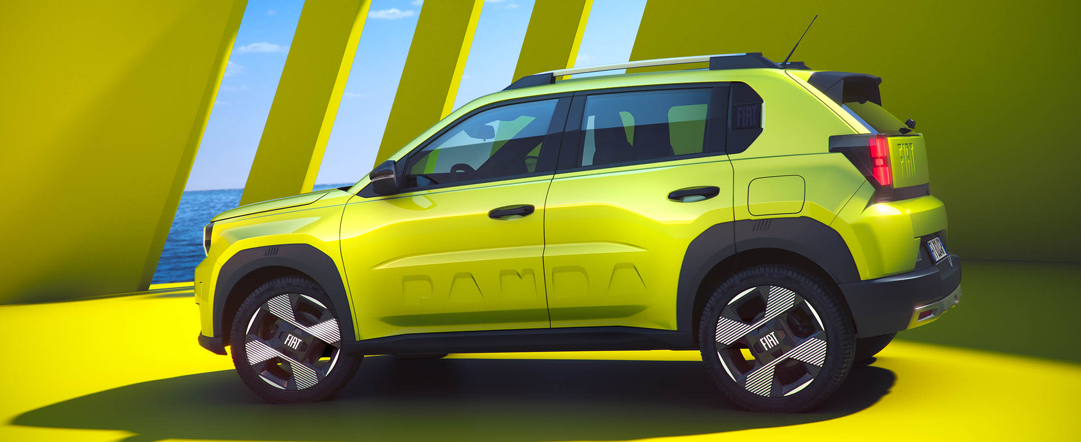 Limen värinen Fiat Grande Panda. Taustalla näkyy meri.