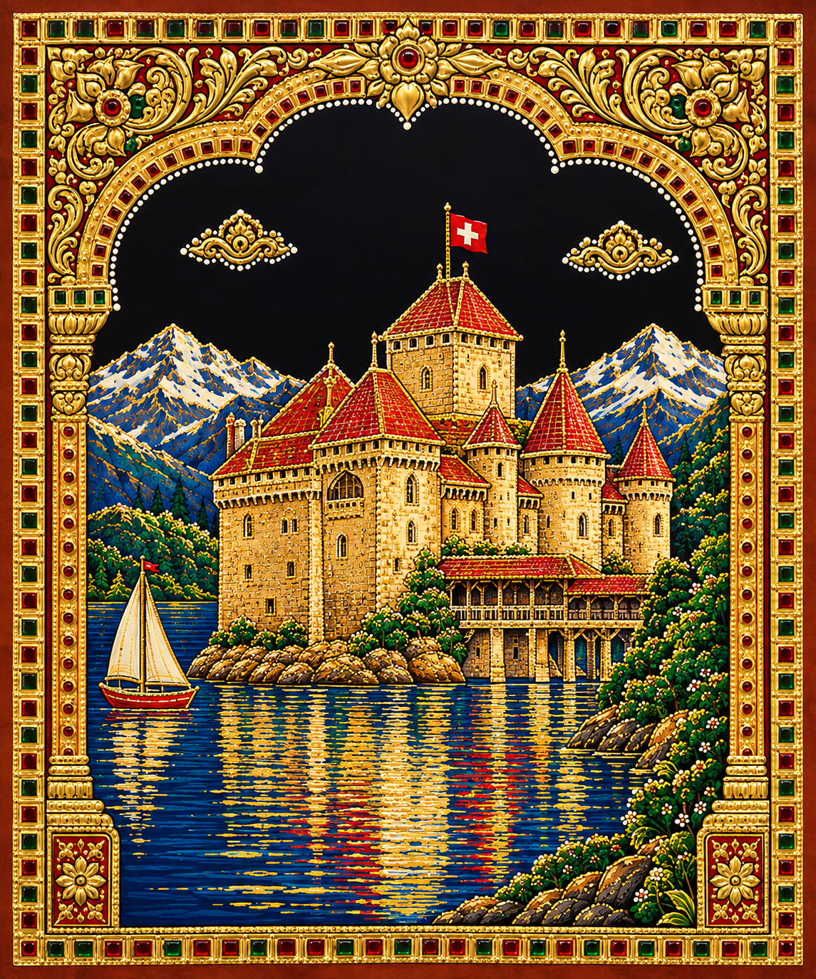 Chillon Castle in Tanjore — handmade Indian painting commissioned through Brush Sutra