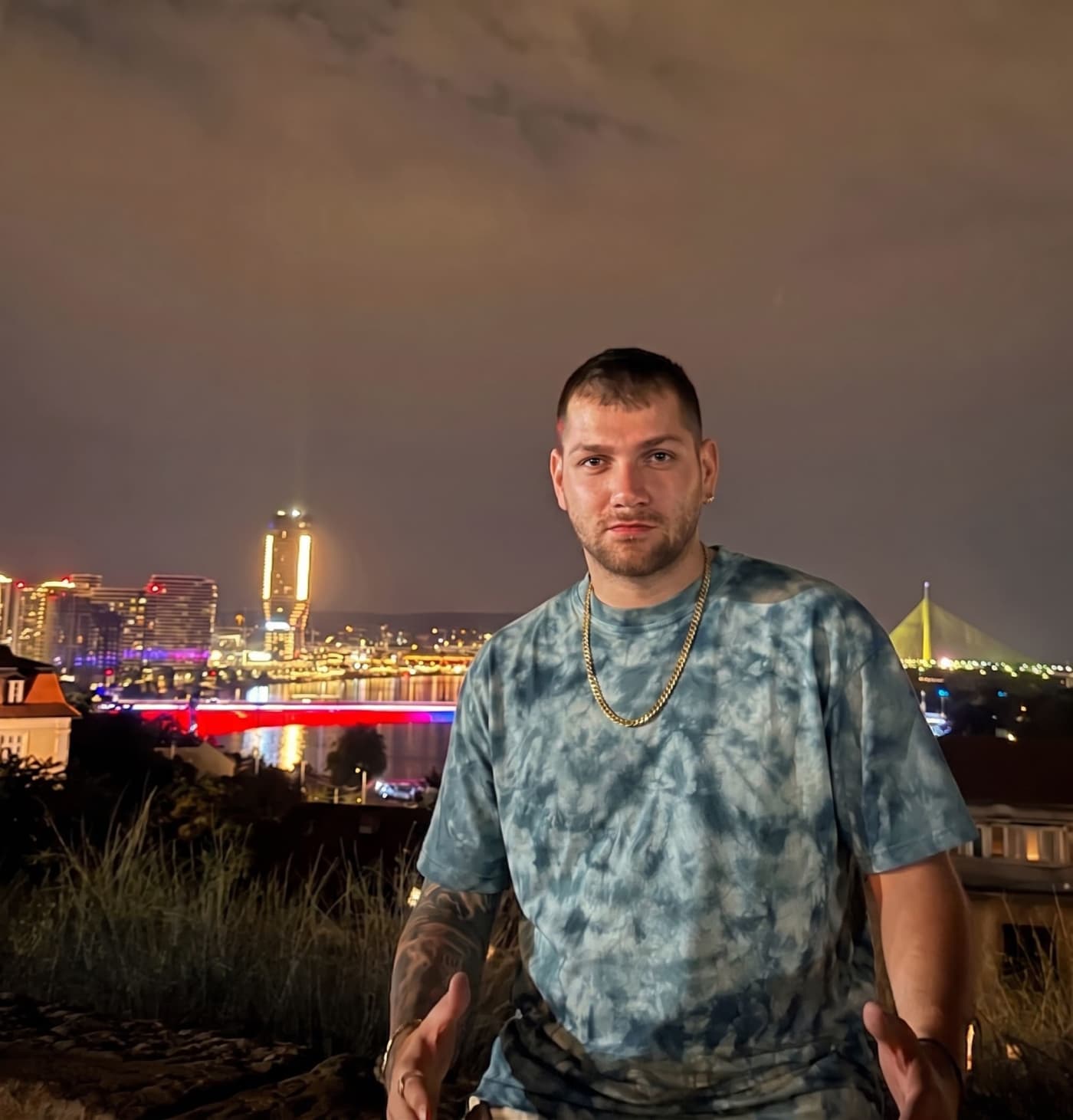 The tee in Blok, worn above the Sava at night.