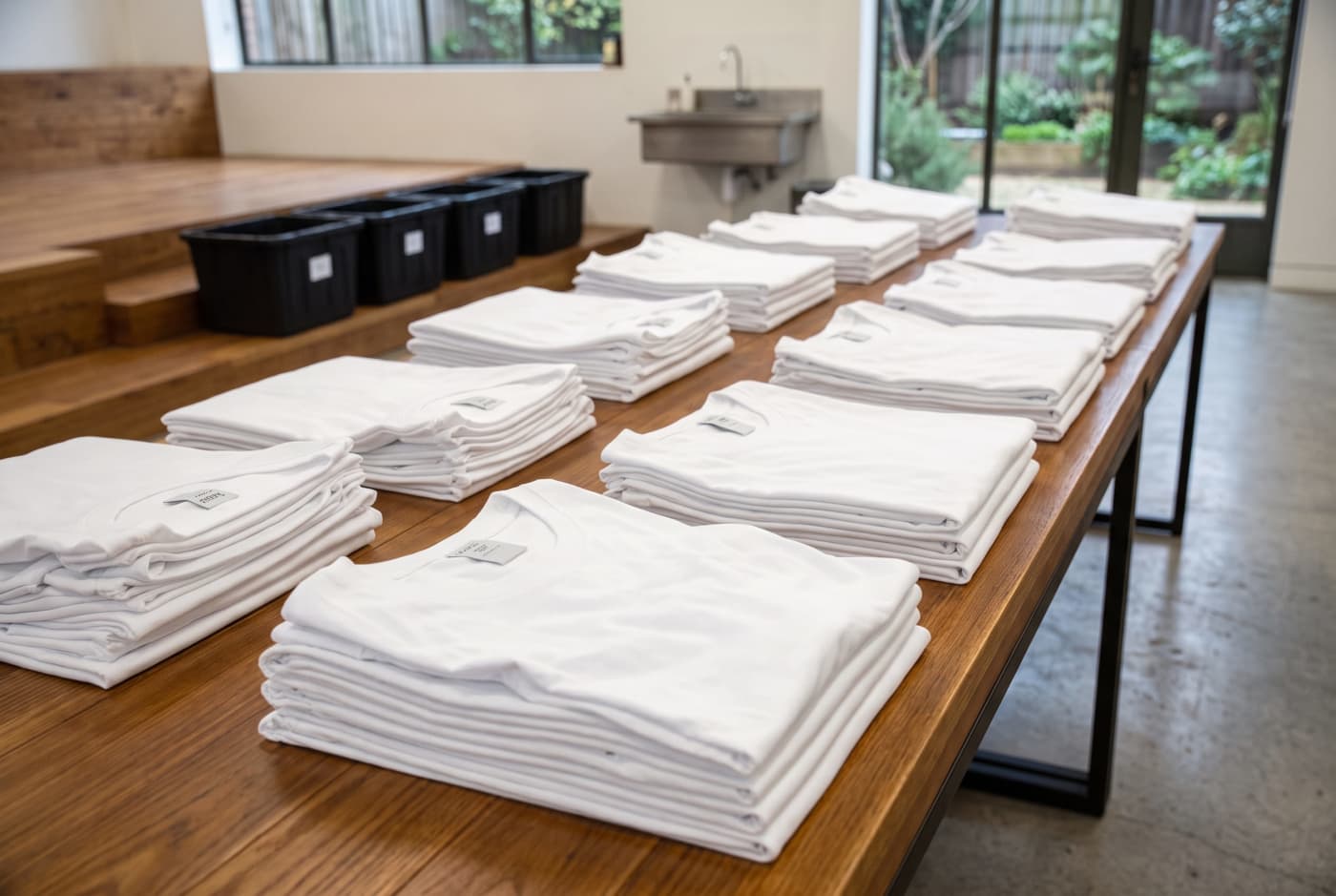 Undyed cotton blanks stacked on a workbench.