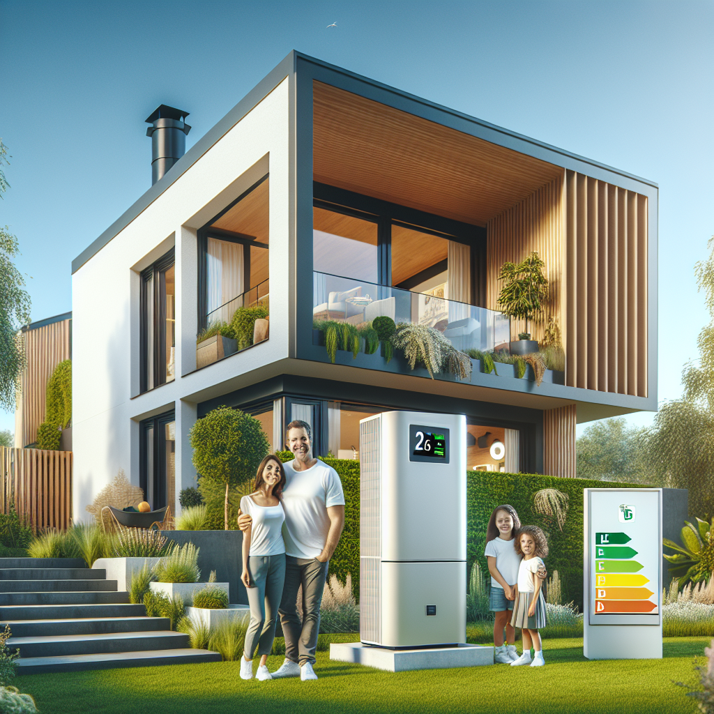 Pompe à chaleur moderne installée devant une maison avec étiquette DPE montrant l'amélioration énergétique