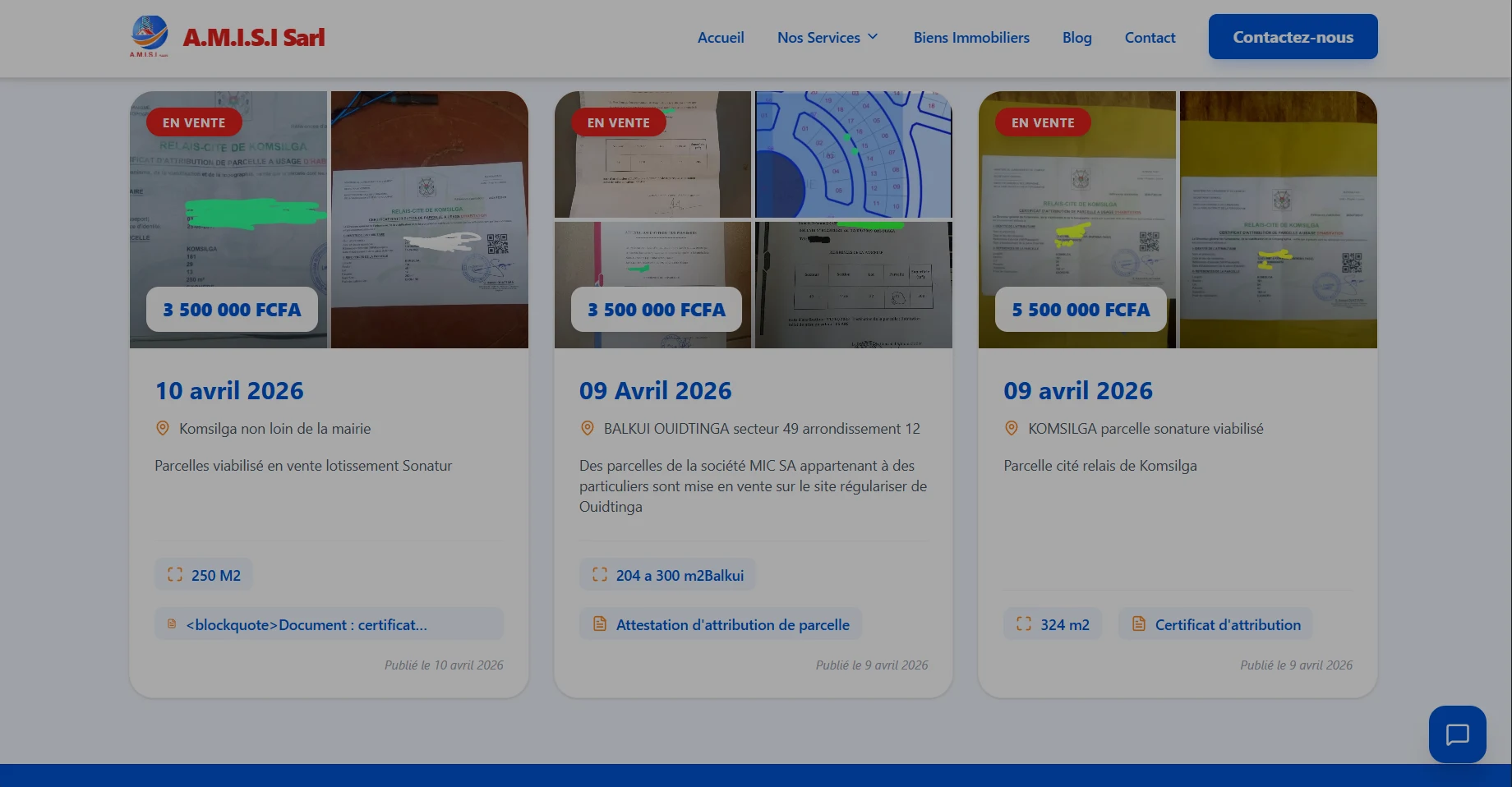 Section immobilière du site A.M.I.S.I Sarl — Catalogue de biens immobiliers dynamique à Ouagadougou