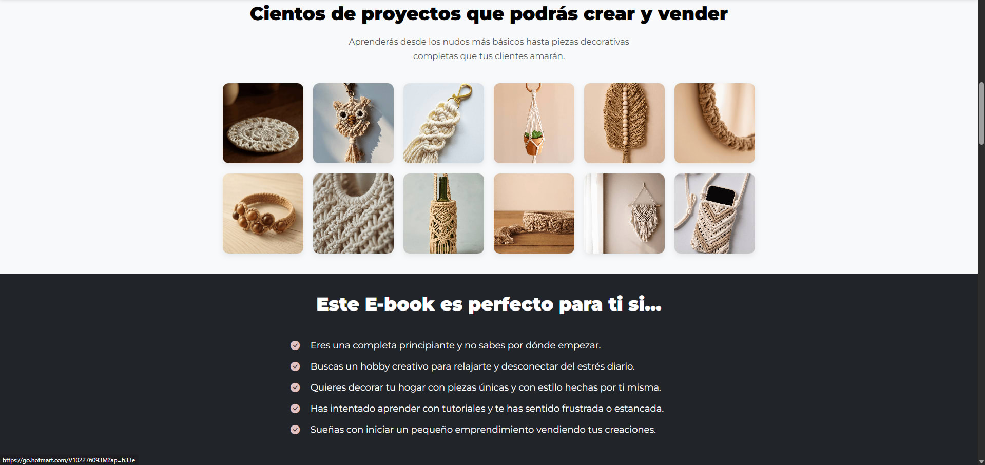 Página de ventas de Macramé creativo