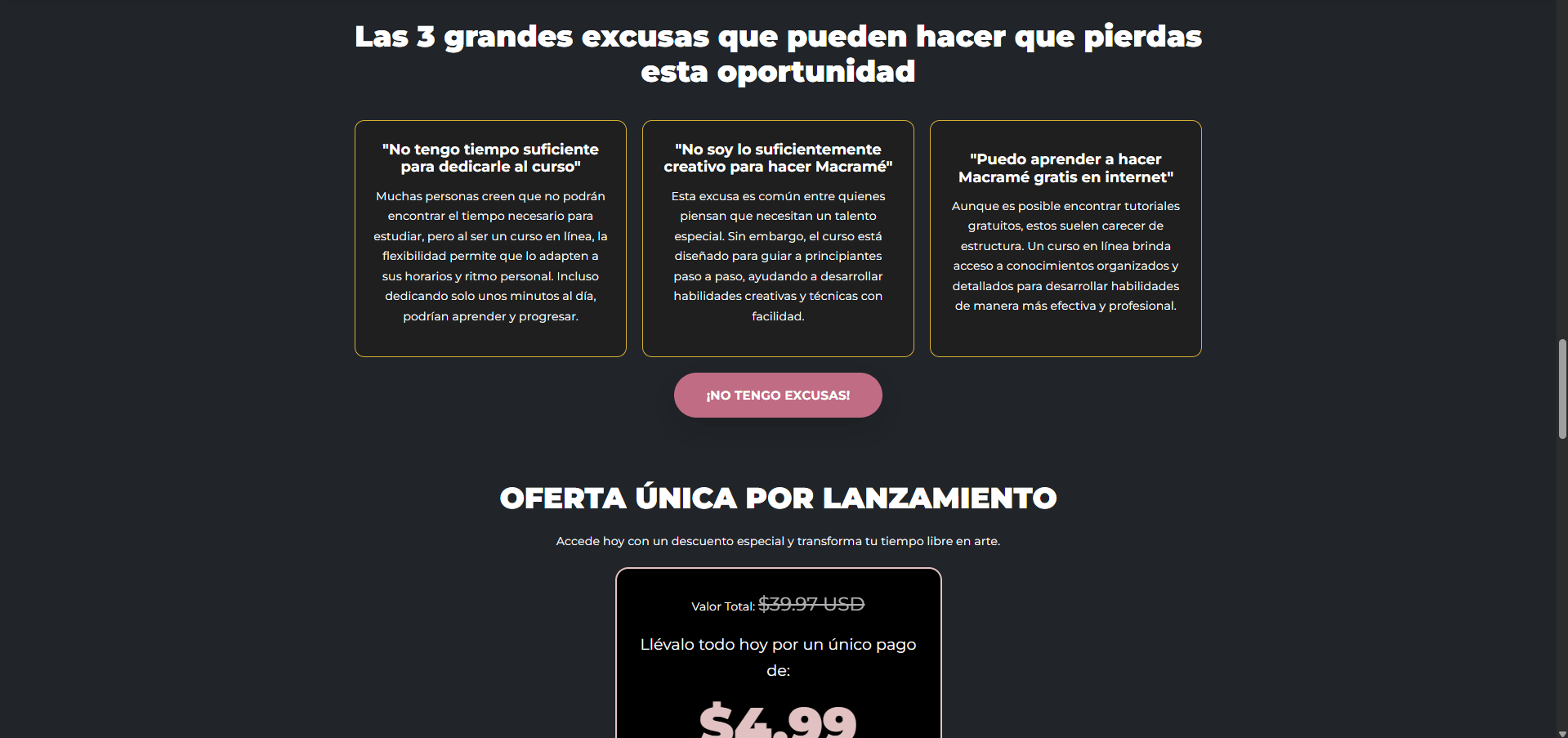 Página de detalle de curso de macramé