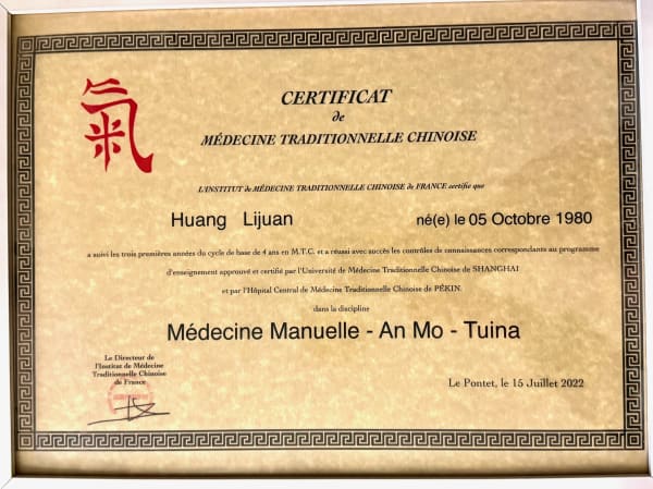 Diplôme Médecine Manuelle — An Mo · Tui Na — Institut de Médecine Traditionnelle Chinoise de France, 2022
