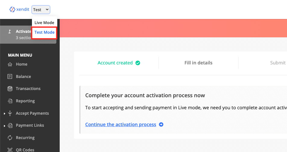 Using test mode for creating sample refund