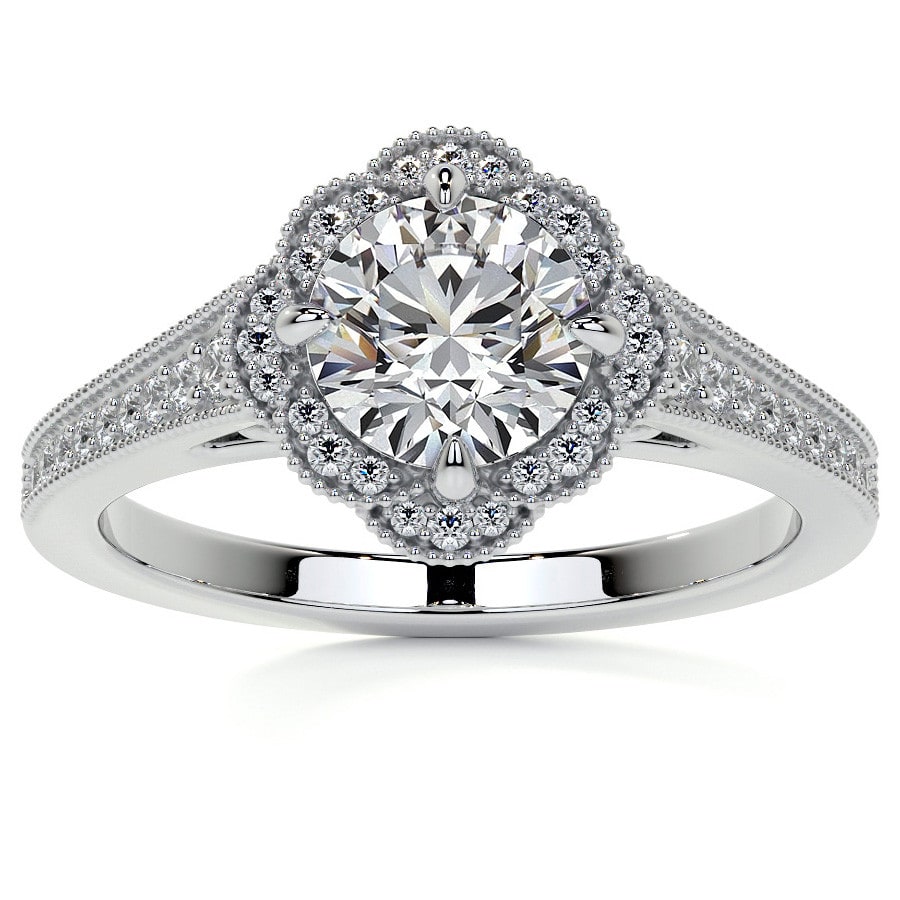 Round Antique Style Halo Lab Grown Diamond Cathedral Engagement Ring