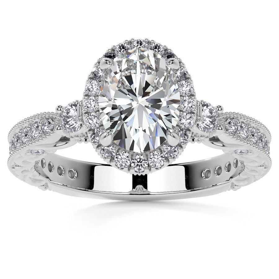 Oval Antique Style Lab Grown Diamond Engagement Ring with Milgrain