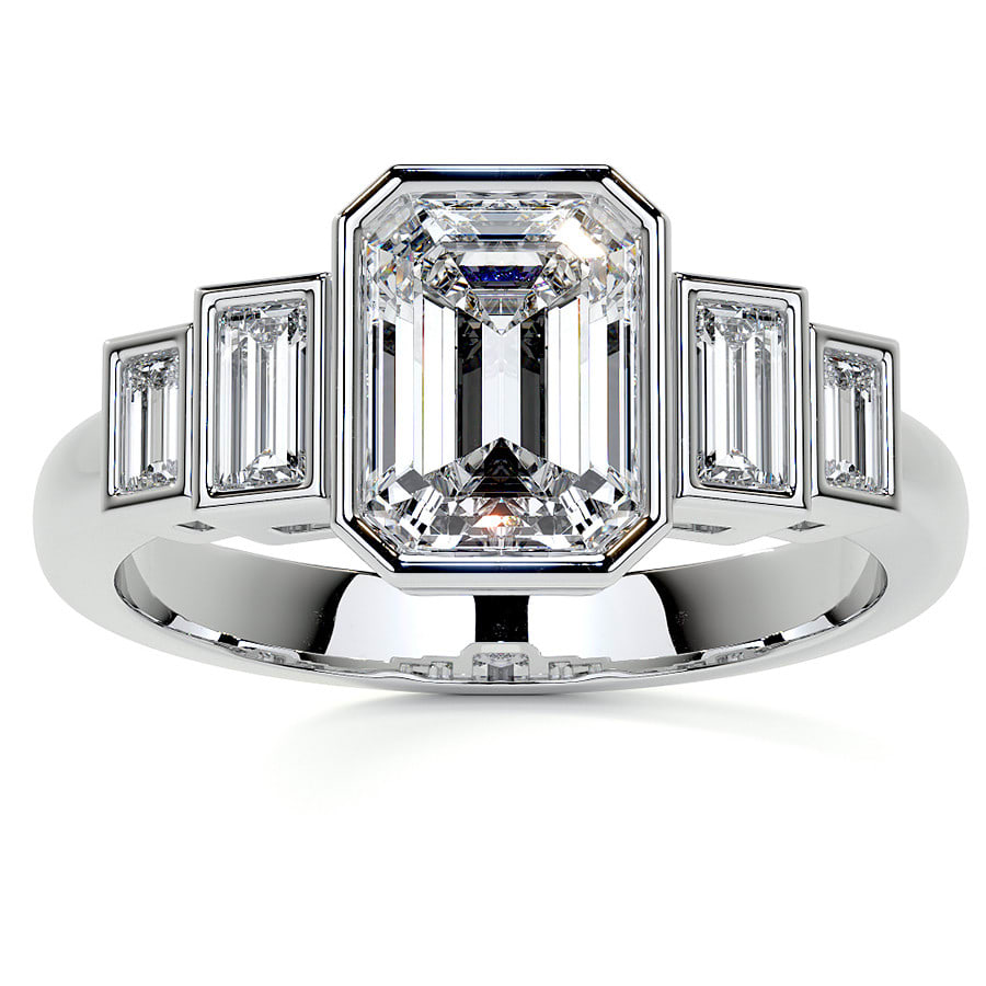 Unique Emerald and Baguette 5-Stone Lab Grown Diamond Bezel Engagement ring
