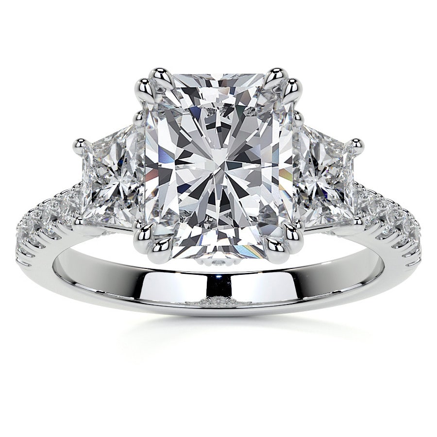 Radiant and Trapezoid Three Stone Lab Grown Diamond Cathedral Engagement ring