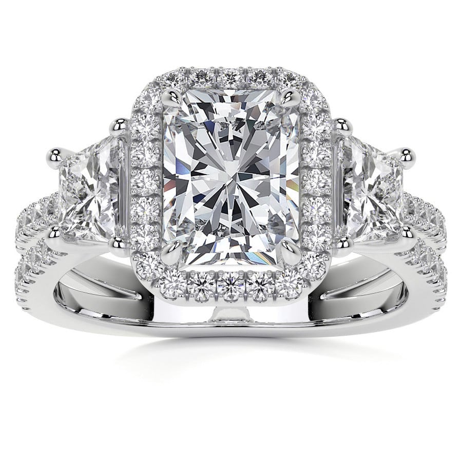 Radiant Trapezoid Three Stone Halo Lab Grown Diamond Split Shank Engagement