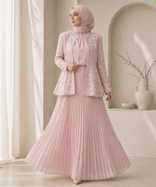 Mariam- 2 Piece Pearl Beaded 3D Rose Embroidered Jacket & Chiffon Pleated Maxi Dress Set(MS401)