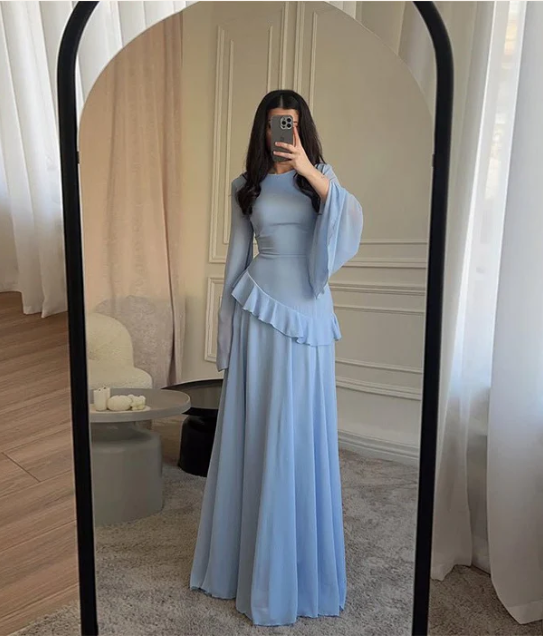 Mariam-Chiffon Ruffle Gown with Tie-Back | Bell Sleeve Tiered Maxi Dress(MS227)