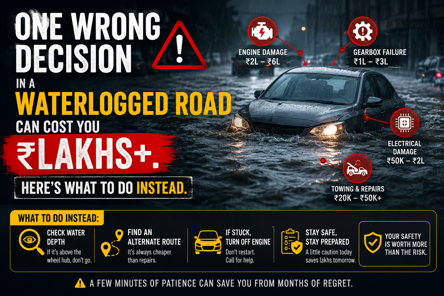 "One Wrong Decision in a Waterlogged Road Can Cost You ₹2 Lakh+.  Here's What to Do Instead."