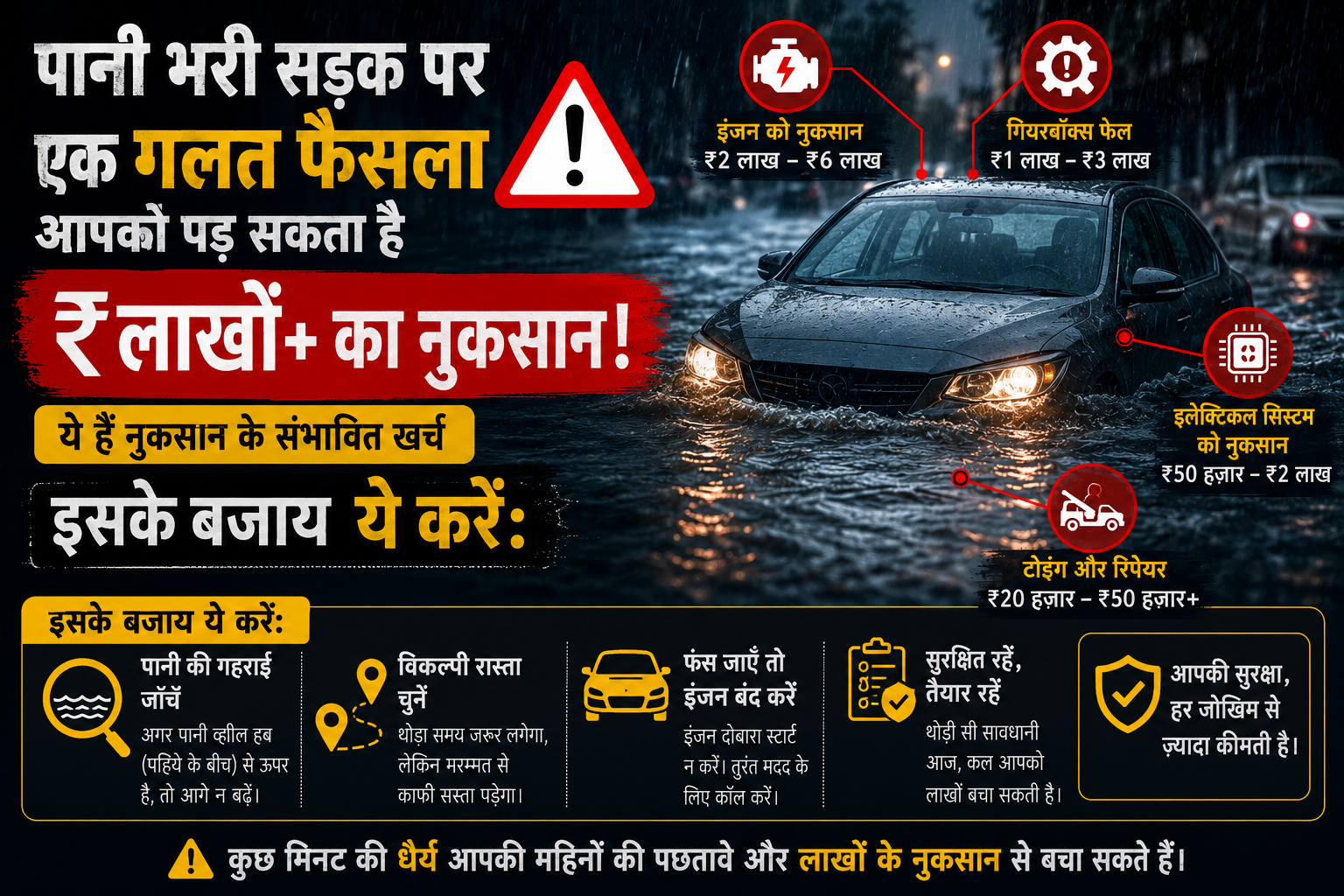 पानी भरी सड़क पर एक गलत फैसला — और ₹2 लाख+ का नुकसान। जानिए क्या करें और क्या नहीं।