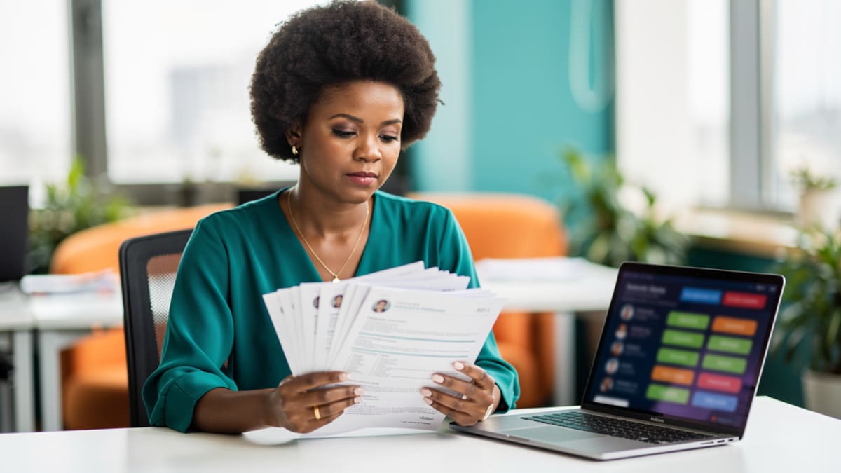 HR manager reviewing CVs next to a laptop showing ranked candidate scores