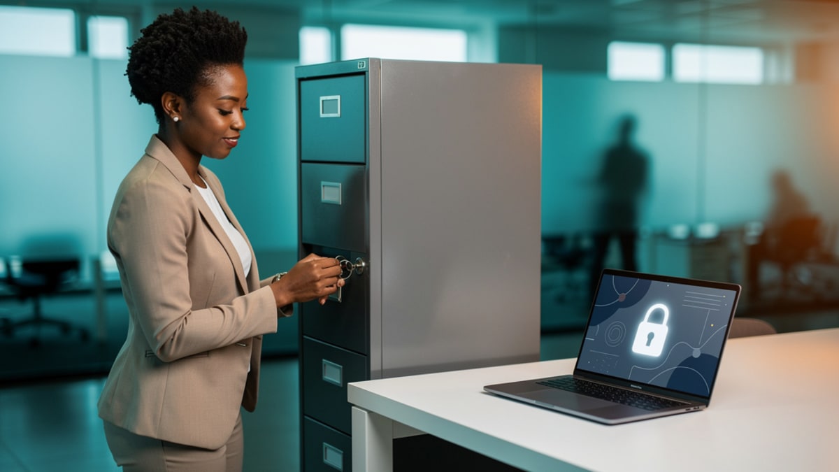 HR officer locking a secure filing cabinet next to a laptop showing a padlock