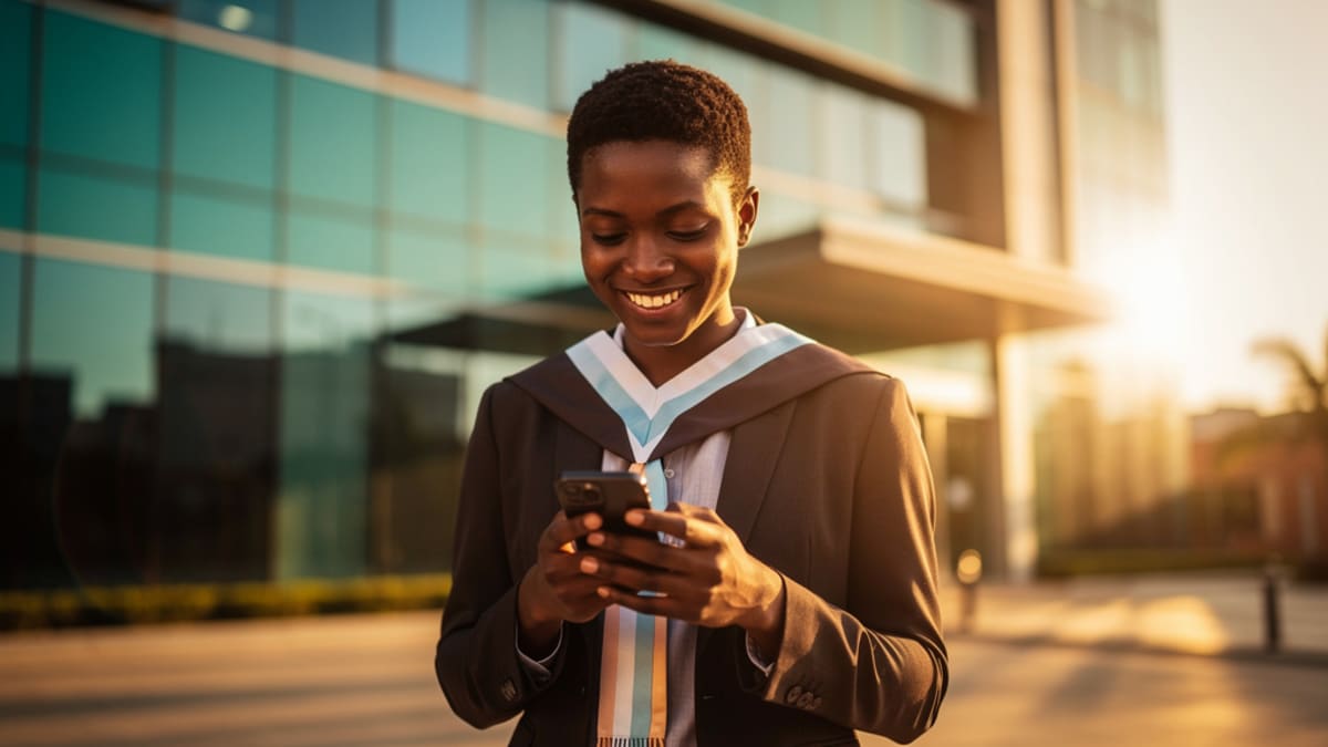Smiling graduate reading good news on a smartphone outside an office building