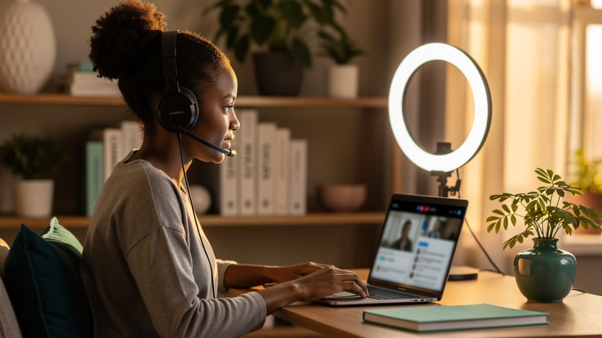Woman with headphones doing a video job interview on a laptop at home