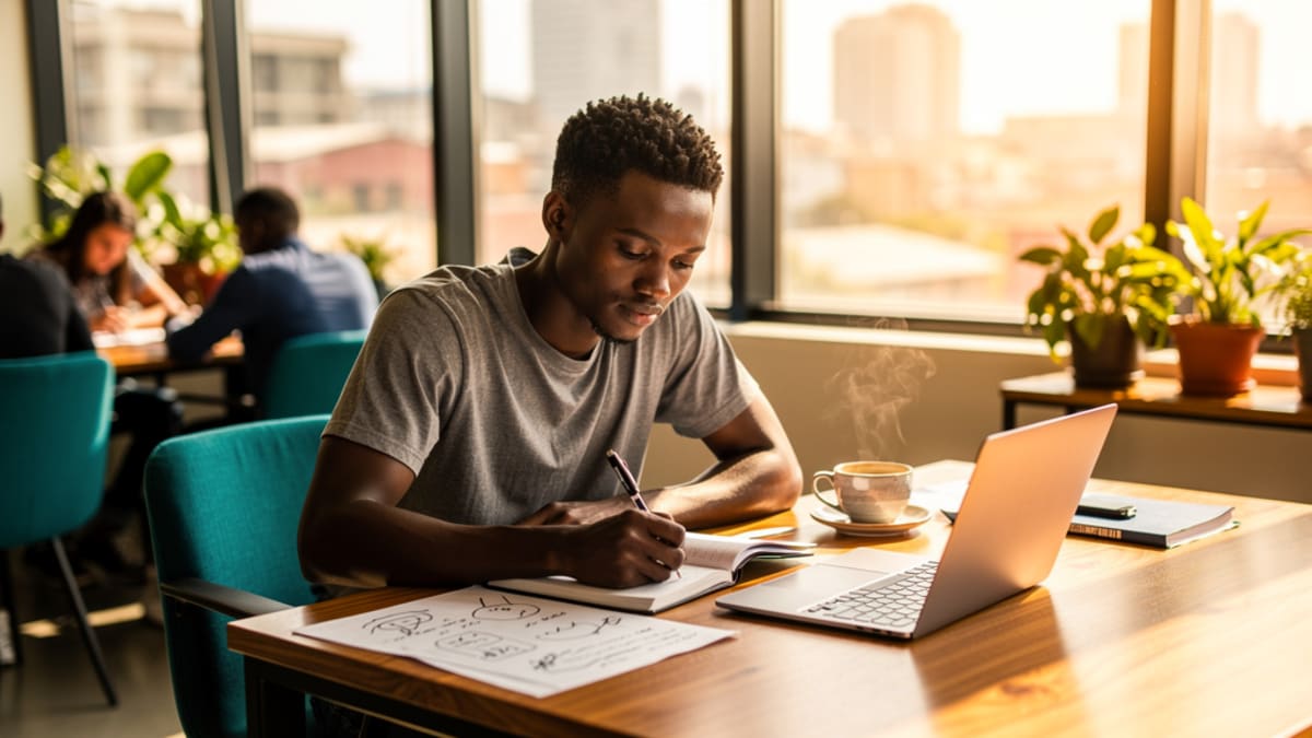 Young professional writing a job description in a notebook beside a laptop