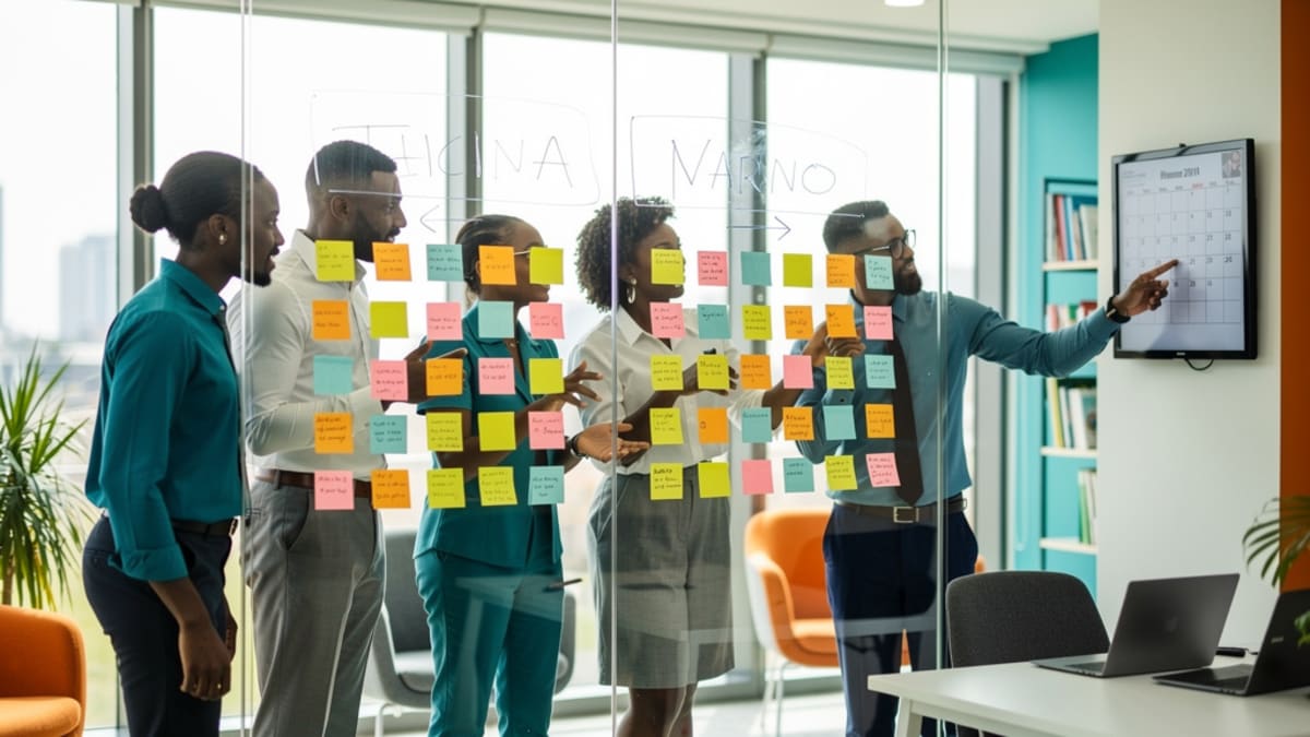 Recruitment team mapping a hiring pipeline with sticky notes on a glass wall