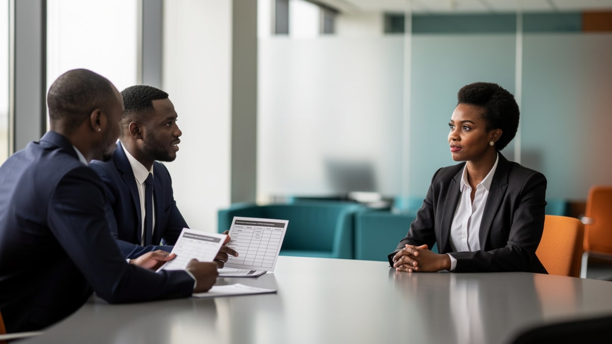 Two interviewers with a scorecard interviewing a confident candidate