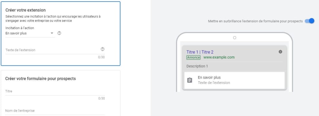 Configuration extensions d'annonce : extension de formulaire pour prospects
