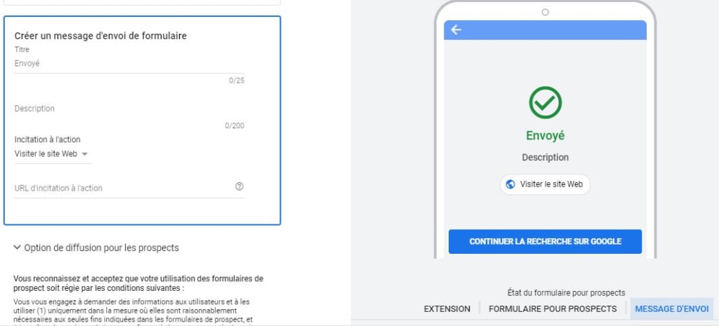 Configuration d'extensions d'annonce Google ads : extension formulaire