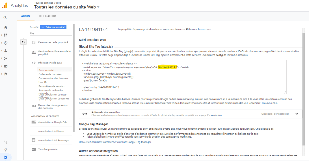 Configuration du code de suivi Google Analytics