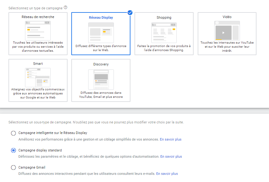 Les différents types de campagnes sur le réseau display de Google Ads