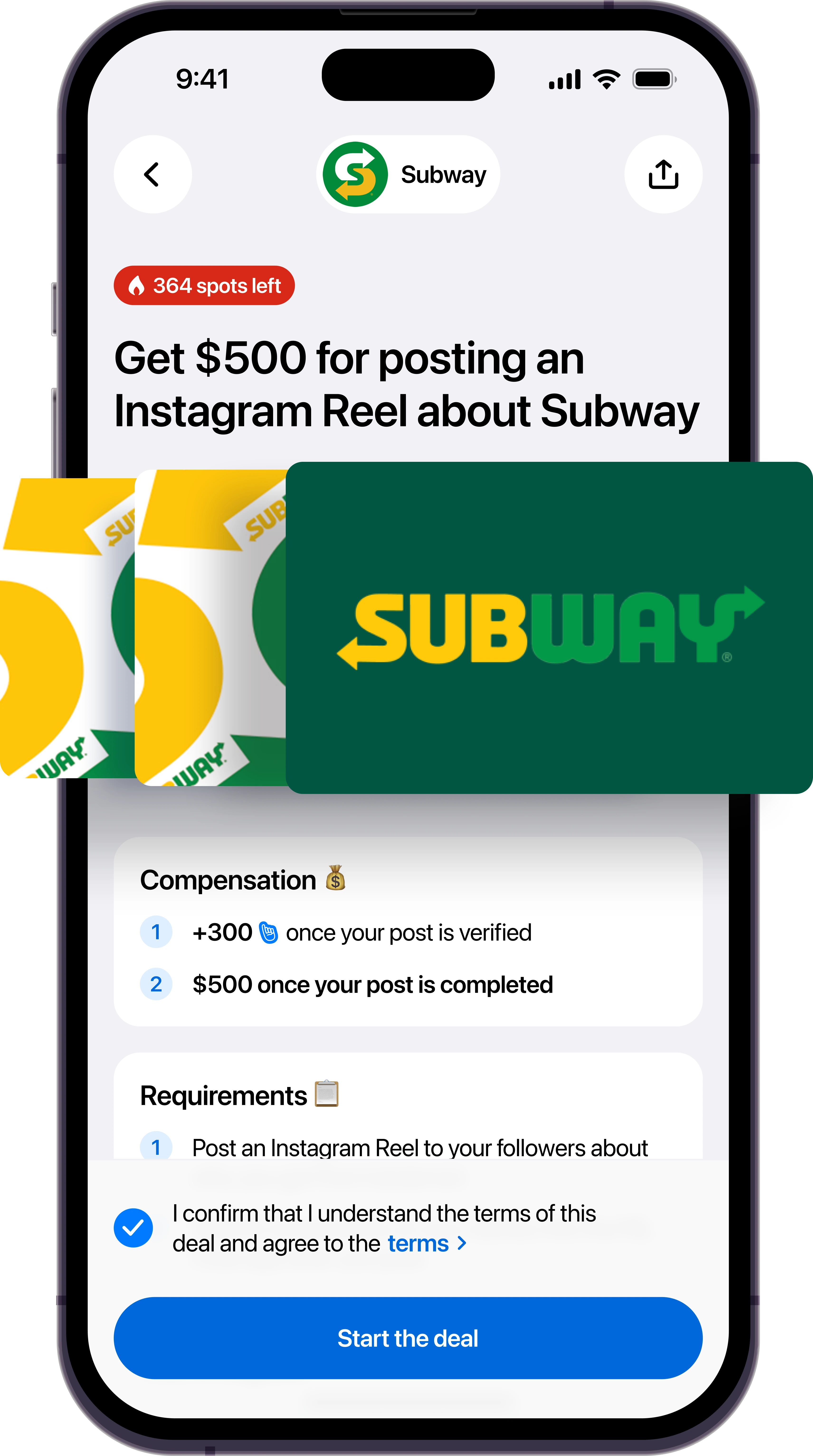 NIL Club app showing a $500 Subway brand deal