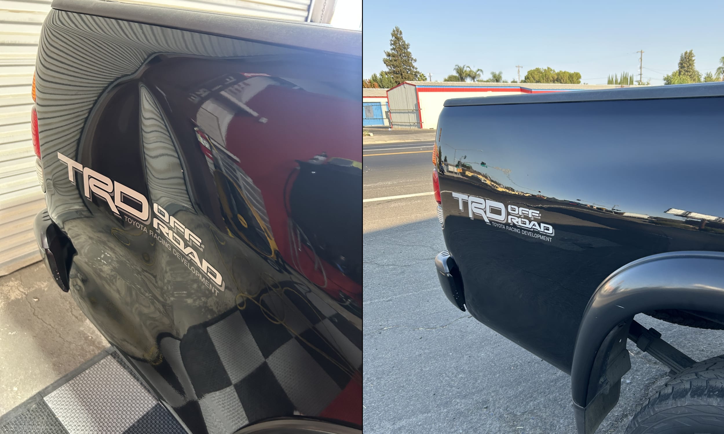 Door ding removed from a car door with paintless dent repair, before and after