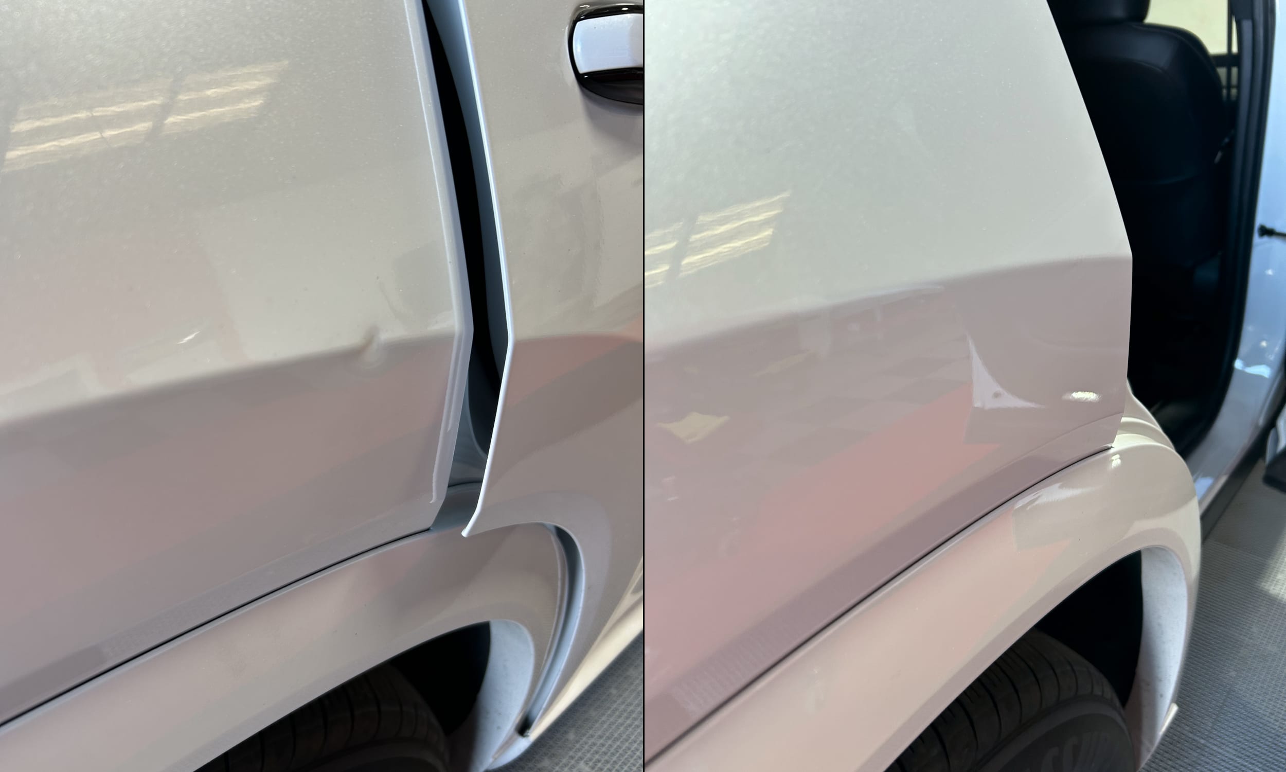 Crease worked out of a fender with the factory paint left intact, before and after