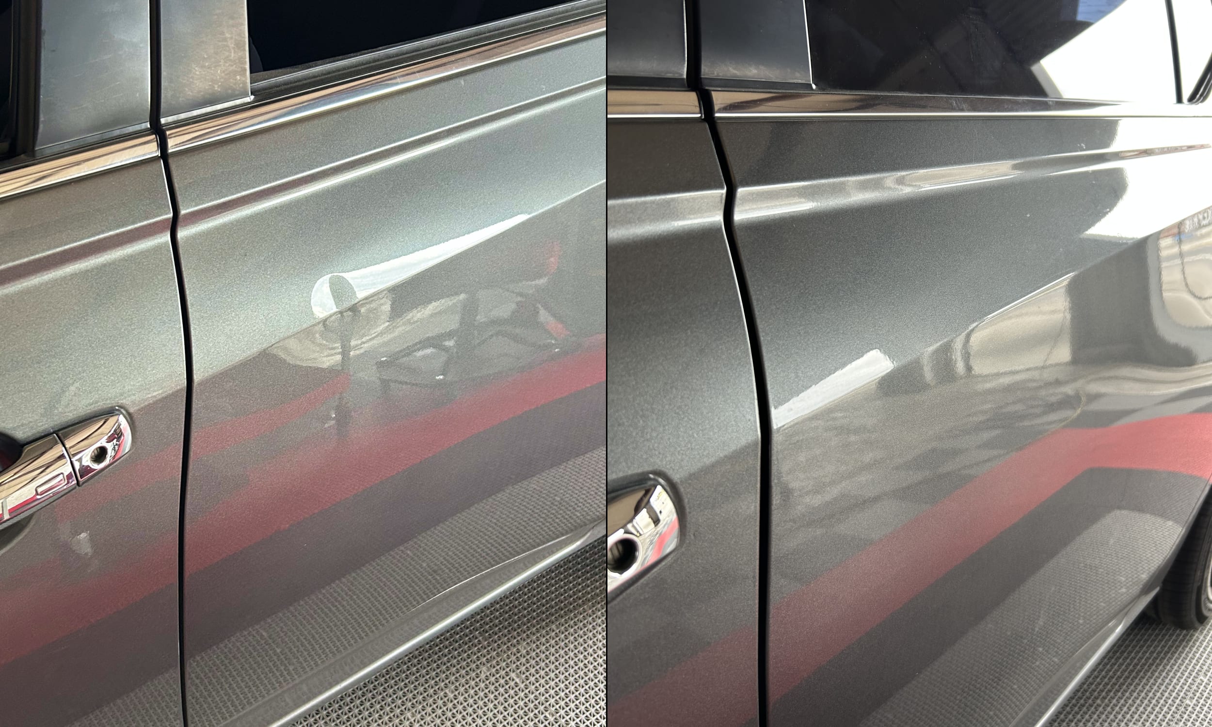 Parking dent removed from a rear quarter panel, before and after