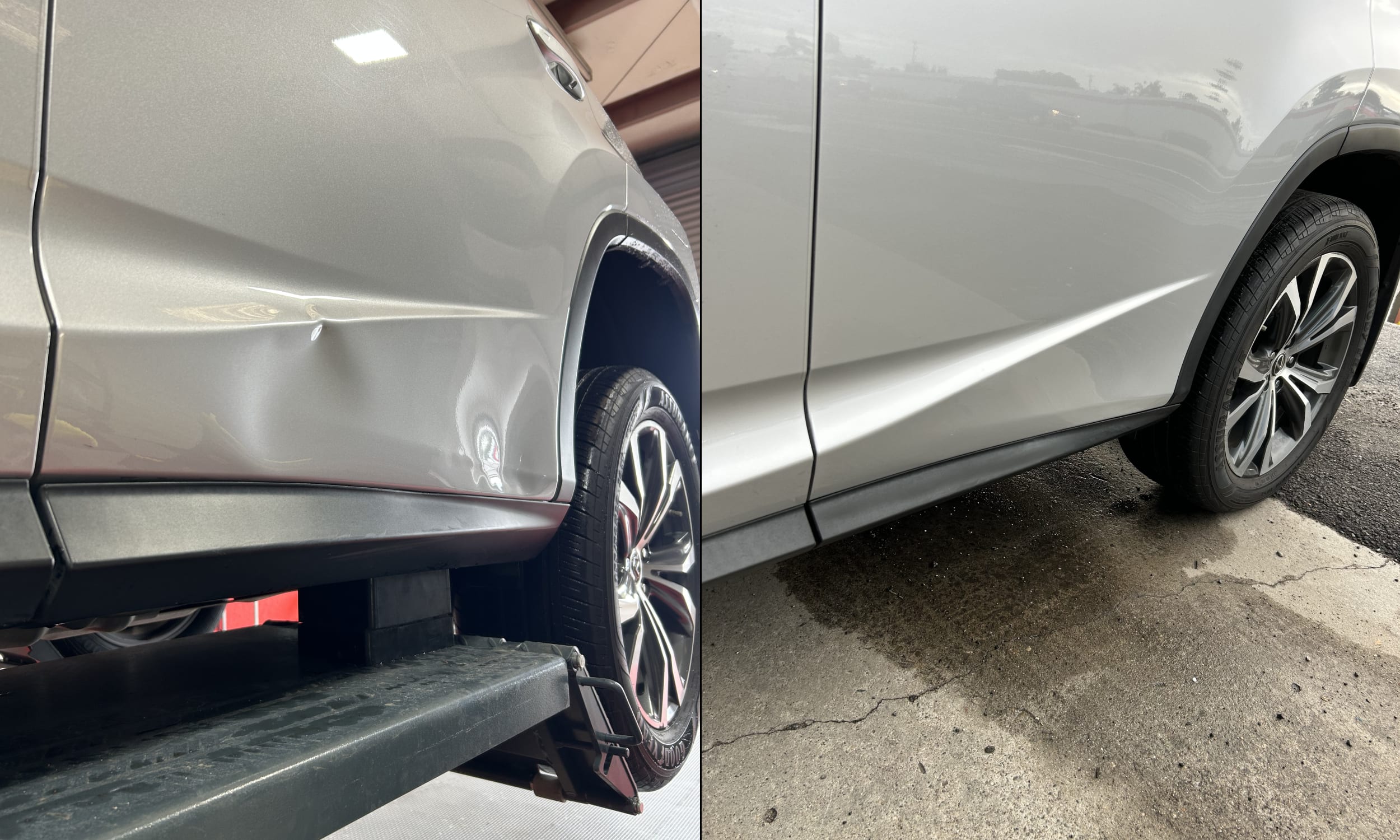 Sharp dent blended out of a body panel without repainting, before and after