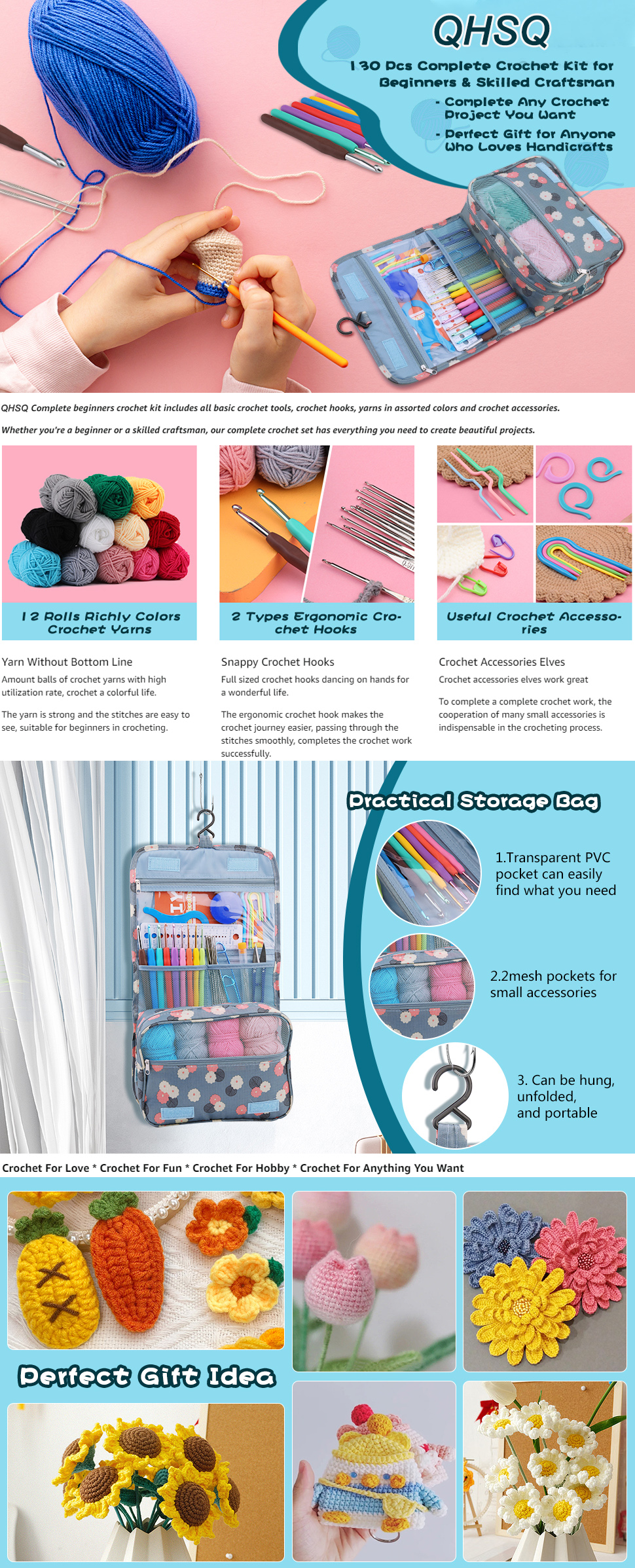 QSHQ Complete Crochet Kit for Beginners,130 Pcs Crochet Kit Including  Crochet Yarn, Ergonomic Crochet Hooks, and Crochet Accessories in Hangable  Storage Bag 