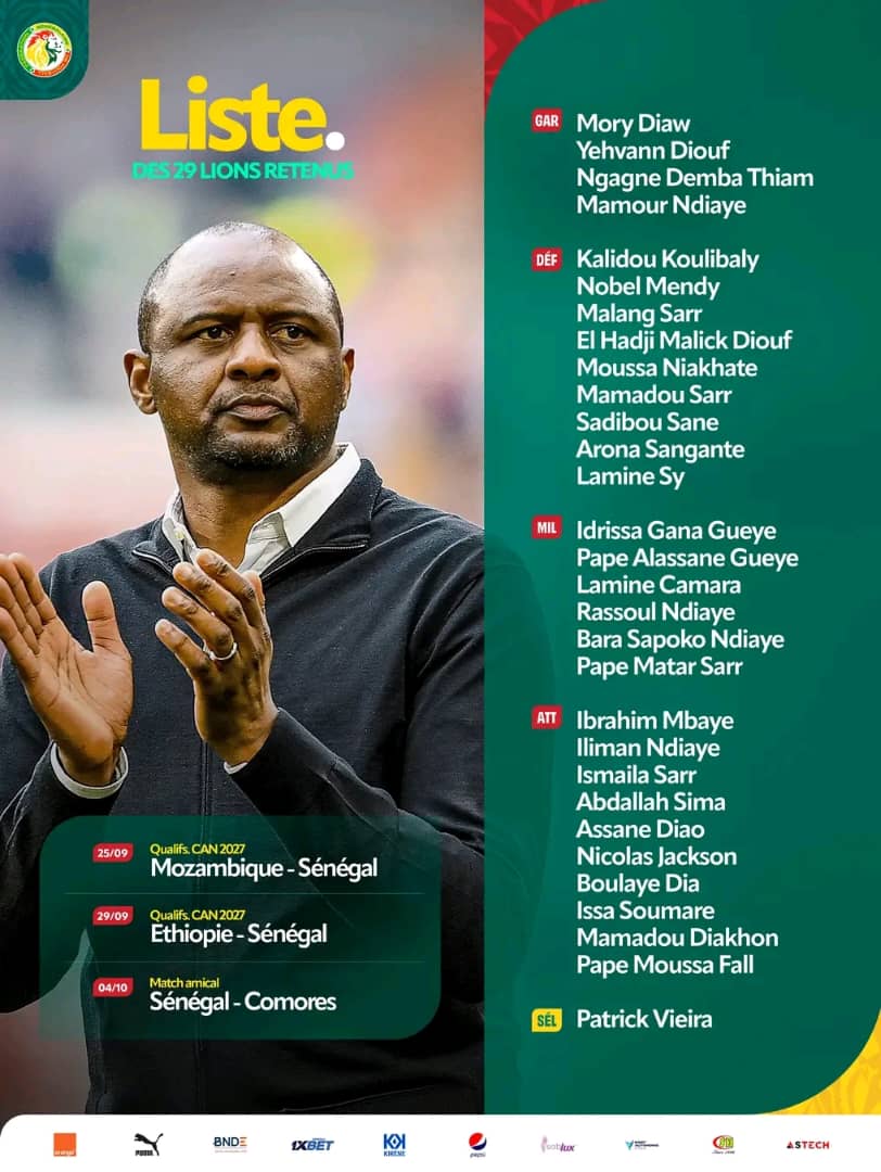📋La liste des 29 Lions retenus par le selectionneur national Patrick Vierra pour les trois prochains...