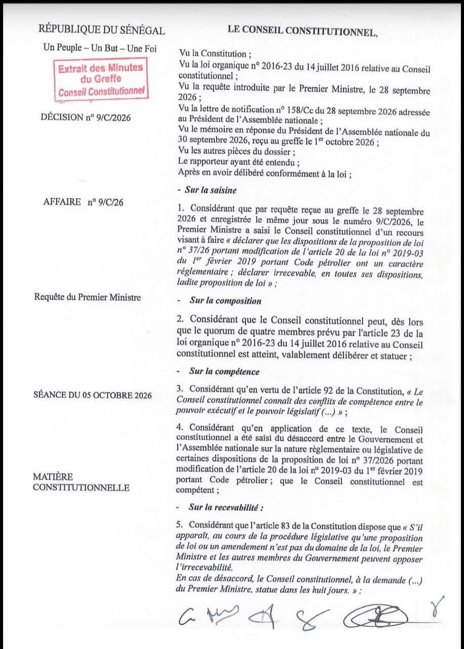 Le conseil constitutionnel déclare irrecevable la Proposition de loi sur le Code pétrolier...