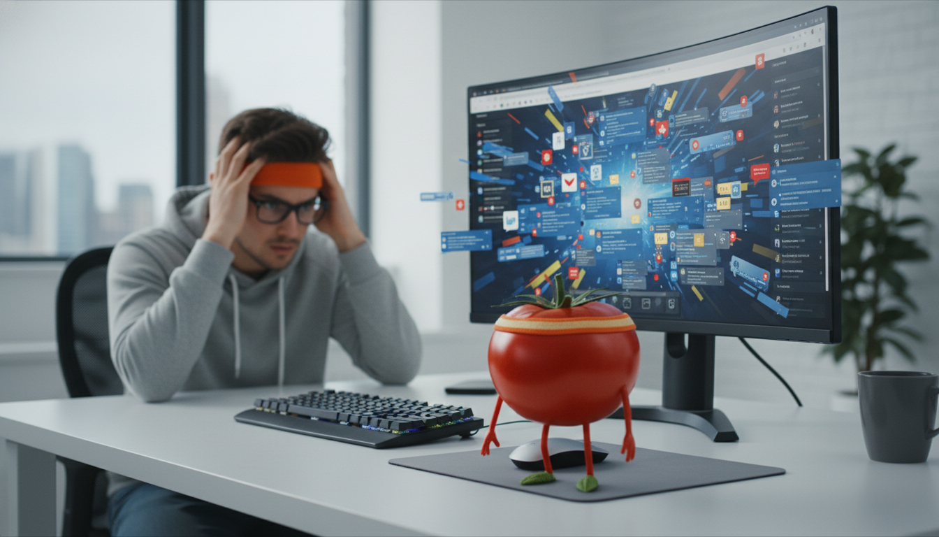 Developer surrounded by notification popups and multiple screens